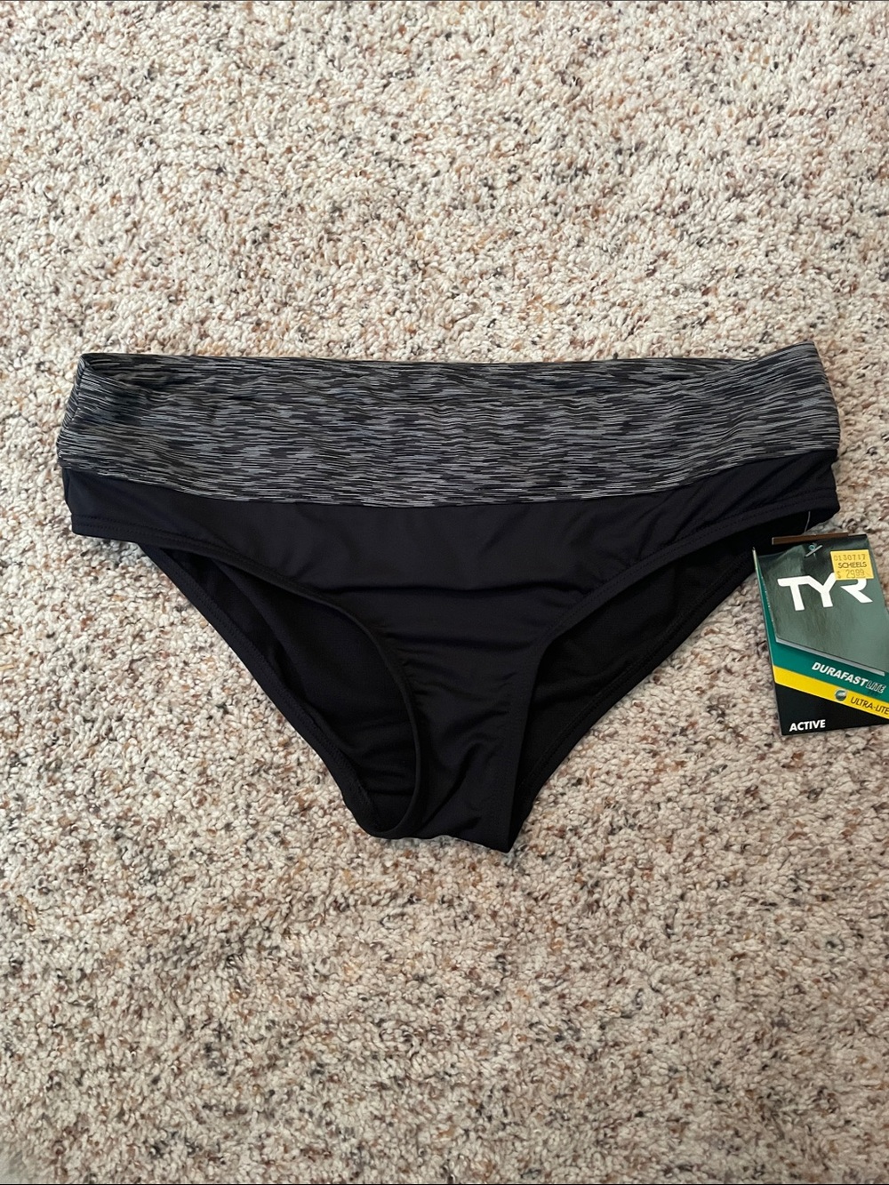 TYR Black Bikini Swim Bottom with Heathered Gray Waistband